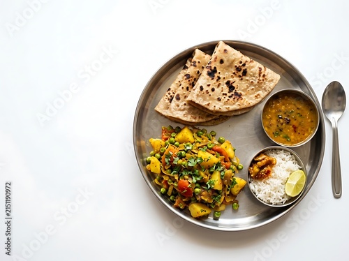 Traditional indian thali meal with roti dal vegetable curry and rice on plate