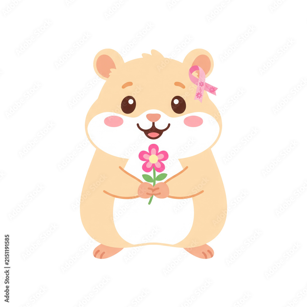 Fototapeta premium Cute Hamster with Flower and Pink Ribbon on Transparent Background