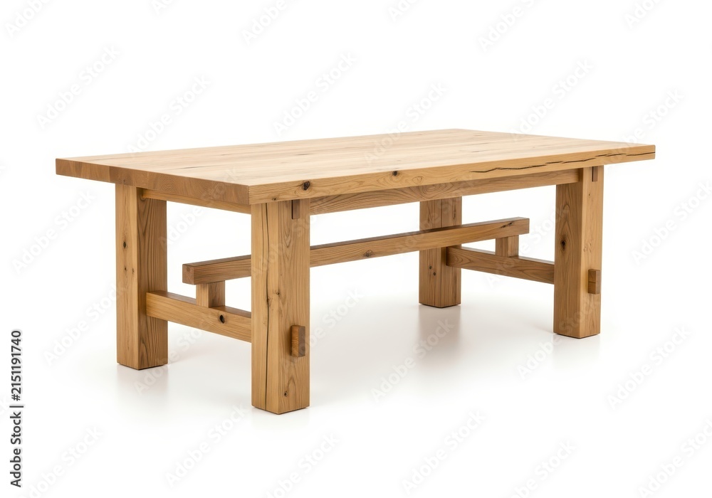 Fototapeta premium Rustic Solid Oak Dining Table with Natural Wood Grain Isolated on White Background for Modern Farmhouse Interior Design