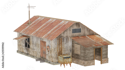 Foto 3d rendering house building apocalypse scene with shelter and ruins