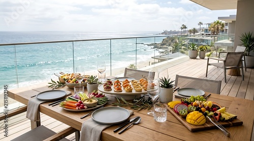 Outdoor dinner party on a balcony with a sea view. oceanfront catering arrangement