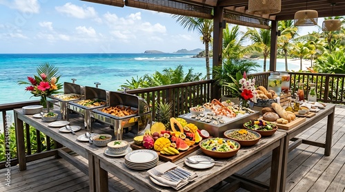 Luxury hotel breakfast buffet with ocean view in resort. oceanfront catering arrangement