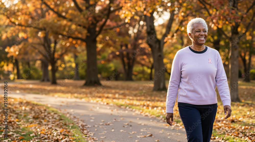 Obraz premium Smiling senior African American woman walking in autumn park. Happy black female breast cancer survivor with pink ribbon on sweater. Golden sunlight and fall leaves background