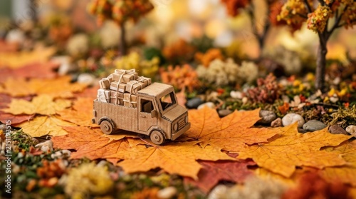 Miniature cardboard truck loaded with gift boxes on autumn leaves fall