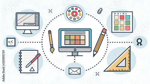 Graphic design workflow process illustration with digital tools
