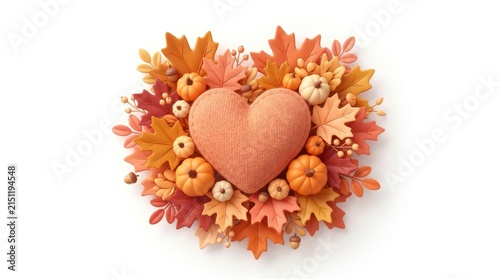 A decorative heart made of knitted material surrounded by autumn leaves and pumpkins