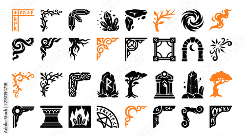 Set of decorative fantasy corner elements with runes crystals trees and magical symbols for page borders