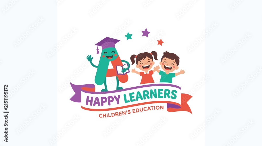 Fototapeta premium Colorful Education Logo Design Featuring Happy Children and Alphabet Mascot for Preschool Brand