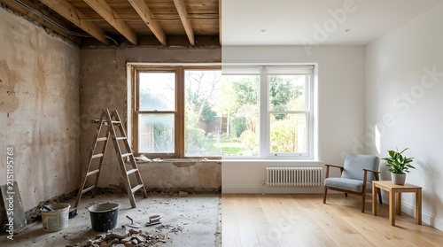 Before and after comparison of a home interior showing a professional home improvement renovation project in progress