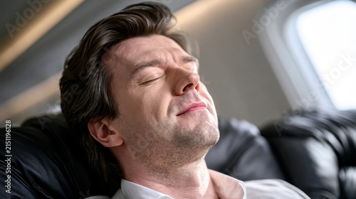 Man sleeps peacefully in airplane seat