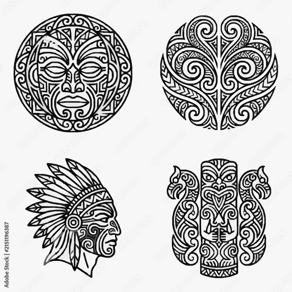 Obraz premium Set of four black and white tribal vector illustrations including a Maori mask, circular koru spiral motif, indigenous warrior with feathered headdress, and a tiki statue ornament.