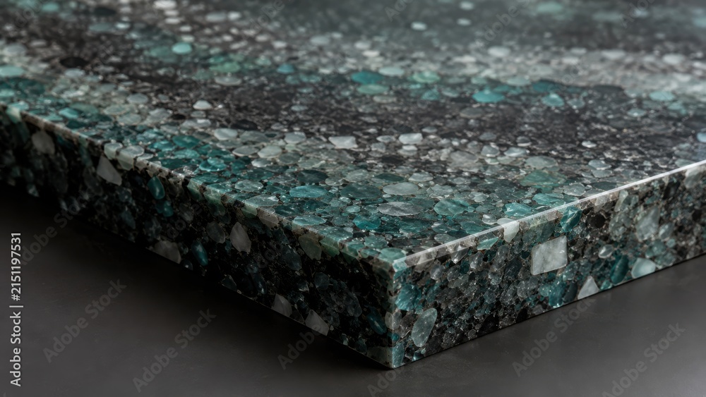 Obraz premium Close up view of luxury terrazzo countertop slab with recycled teal glass and black stone detail