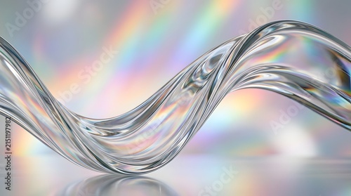 Fluid glass wave sculpture featuring transparent organic shapes with smooth reflective curves and shimmering iridescent spectral light refractions in motion style