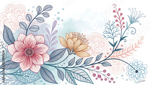 Watercolor floral illustration with delicate flowers and leaves on white background