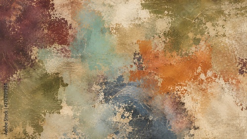 Abstract oil painting background featuring soft brushstrokes in earthy tones of brown orange blue and muted green