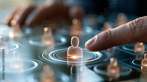 Human icon glowing on a floating interface panel as a fingertip presses it among surrounding user tiles face outside the frame bright clean backdrop crisp luminous rings airy