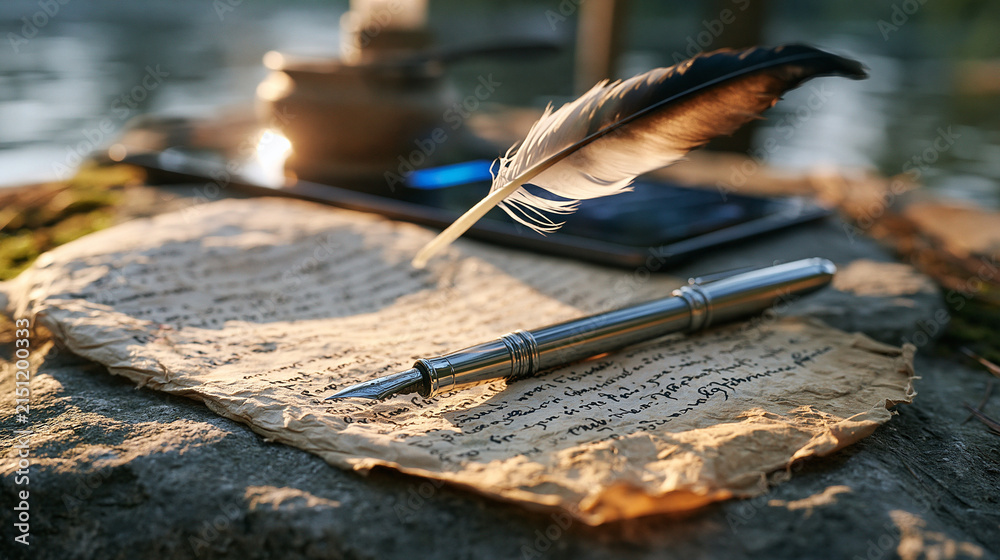 Naklejka premium Worn parchment historical document and a quill resting on a stone surface in early morning mist, a subtle no-code workflow interface glowing faintly from a tablet tucked behind an aged inkwell sugge