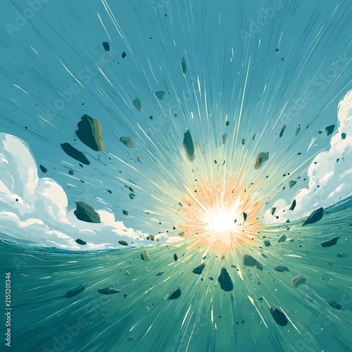 Powerful energy blast radiating bright light and sending debris flying through a dynamic blue and green sky with swirling clouds, symbolizing impact, crisis, and breakthrough