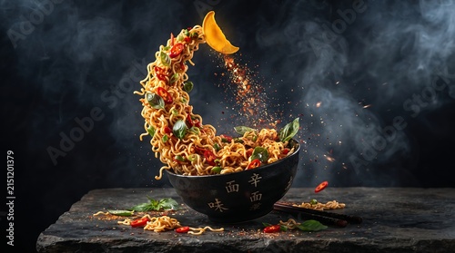 Spicy ramen noodles bowl with steam on dark background.