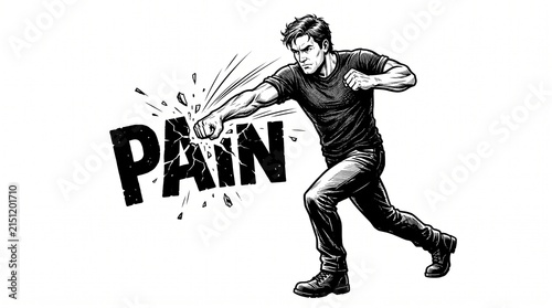 A man in a black t-shirt and jeans throws a punch that creates an explosion of debris and the word 