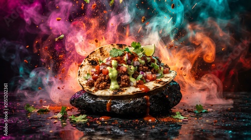 Mexican taco on rock with colorful smoke background.