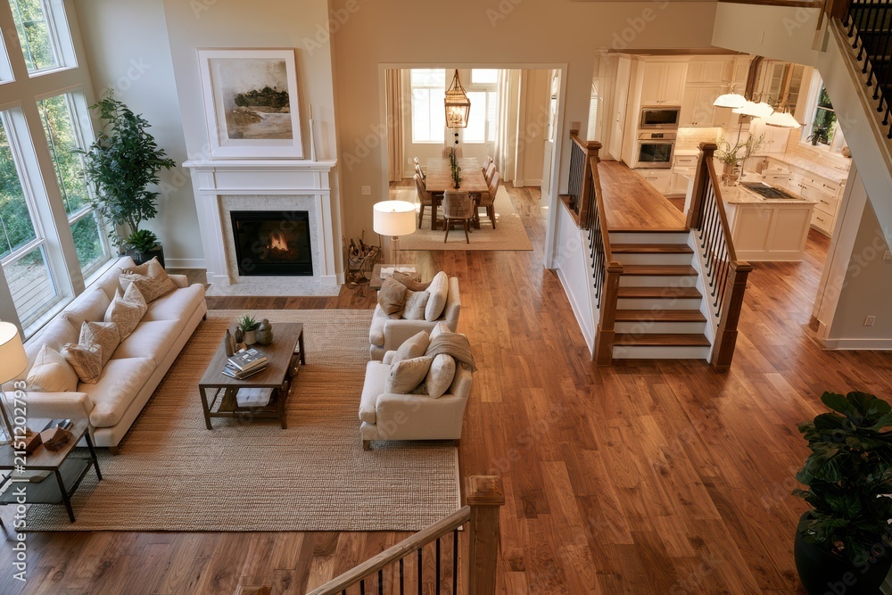 Fototapeta premium Spacious home interior featuring an open concept living room, dining area, and kitchen