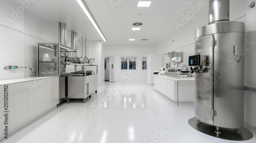 Sterile lab hallway gleams under clean, bright lights