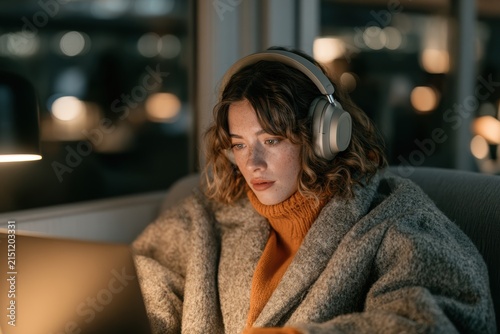 Young woman working or studying from home, wearing headphones and an orange sweater