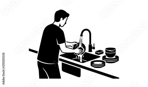Person Cleaning Dishes Under Running Tap Kitchen Household Chore Black Vector Silhouette