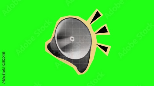Retro Megaphone Paper Collage Animation with Paper Tear Opening on Green Screen