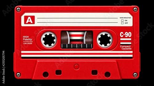 Red compact cassette tape with spinning reels animation, retro 90s music concept on black background