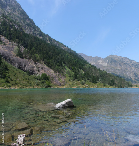 Vue panoramique du lac de Suyen depuis la zone humide au Sud, Hautes-Pyrénées, France, Europe