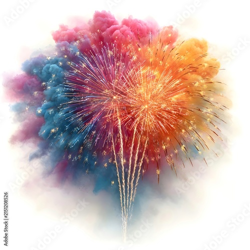 Bursting colorful fireworks illuminating a vibrant cloud of smoke, creating an exciting display for celebration, festivals, happy events, and holiday parties