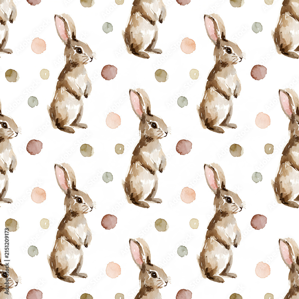 Obraz premium Seamless pattern with cute watercolor bunnies and colorful polka dots.