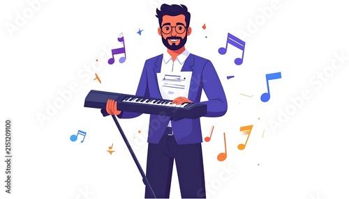Businessman with musical notes and symbols floating around.