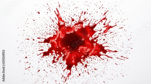 Vibrant red blood splash on a clean white background, creating an intense and dramatic abstract pattern suitable for medical, crime, or Halloween themes.