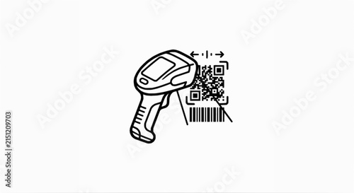 Barcode scanner scanning QR code and barcode icon isolated on white background. Black line vector symbol of handheld code reader for inventory and retail interface.
