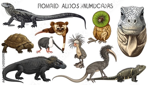 Prehistoric dinosaurs and mammals illustration set.