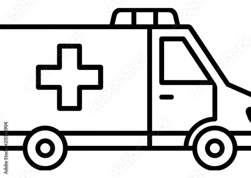 Simple black and white line art icon of an ambulance vehicle.