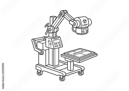 A black and white line art illustration of a portable mobile X-ray machine for medical imaging.