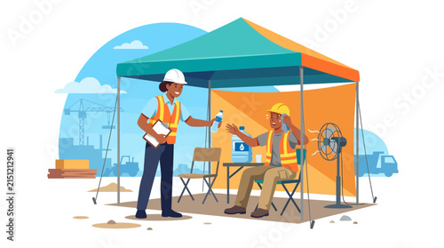 Female supervisor giving water to tired construction worker resting under a cooling tent on a hot summer work day