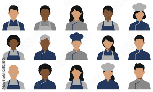 A diverse collection of fifteen professional chef avatars featuring various genders and ethnicities in uniform