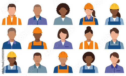 A diverse collection of fifteen illustrated avatars representing various professional construction workers and industrial labor team members
