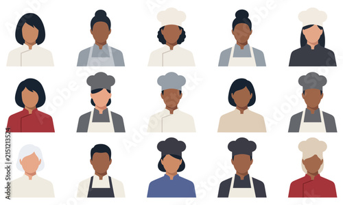 A collection of diverse professional chefs and culinary staff members displayed in a flat vector illustration style