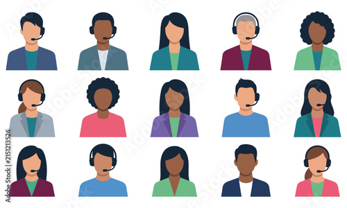 A diverse collection of customer service representatives wearing headsets arranged in a grid pattern on white background
