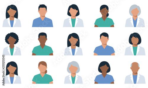 A collection of diverse medical professionals including doctors and nurses shown in a grid of flat vector illustrations