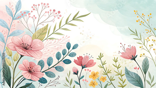 Delicate watercolor floral painting with pink flowers and green