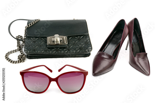 Elegant Women Fashion Accessories Set Isolated on White Background Stylish Black Leather Handbag Burgundy High Heels and Sunglasses