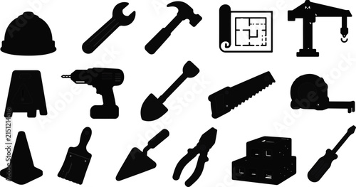 Collection of silhouette icons representing various tools and construction elements for industry and.