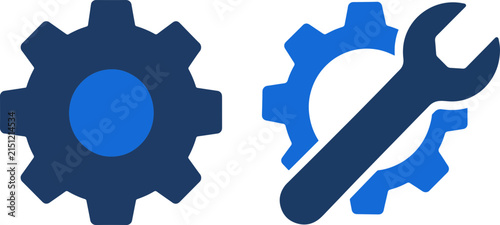 Two blue gears and a wrench symbolize mechanical engineering and industrial solutions.